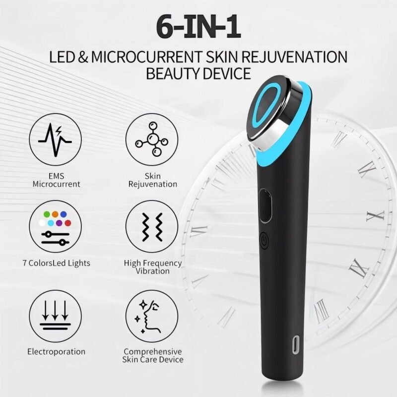 6-in-1 LED & Microcurrent Skin Rejuvenation Device – EMS Facial Massager with 7 Color Lights, High Frequency Vibration & Electroporation for Anti-Aging and Firming