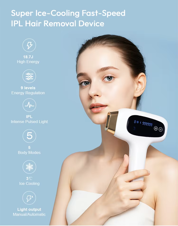 Super Ice-Cooling Fast IPL Hair Removal Device, High-Speed Auto Flash, 5 Levels, Home Permanent Hair Reduction for Women and Men