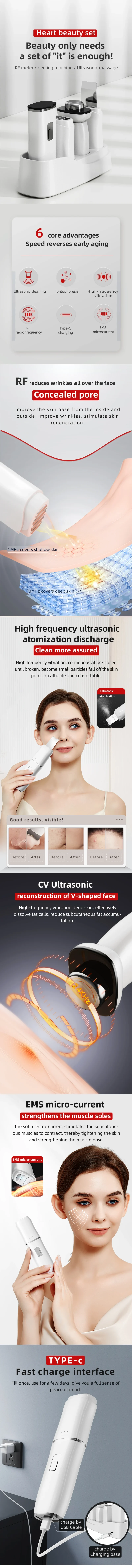 VG-121E 6-in-1 Facial Skin Care Device, Ultrasonic + Ion + RF + EMS Microcurrent + Vibration, Rechargeable Home Beauty Set