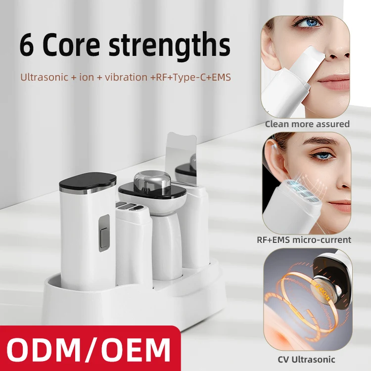 VG-121E 6-in-1 Facial Skin Care Device, Ultrasonic + Ion + RF + EMS Microcurrent + Vibration, Rechargeable Home Beauty Set