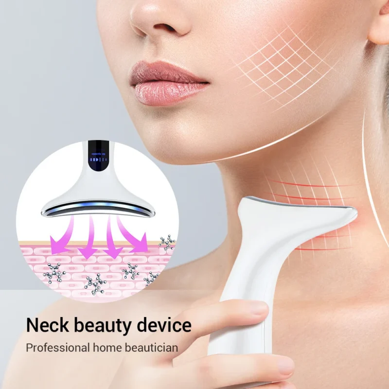 VG-E02 Neck Beauty Device with Red/Blue Light, EMS Lift and Iontophoresis, Rechargeable Neck and Jawline Firming Massager