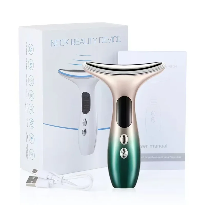 VG-E02 Neck Beauty Device with Red/Blue Light, EMS Lift and Iontophoresis, Rechargeable Neck and Jawline Firming Massager