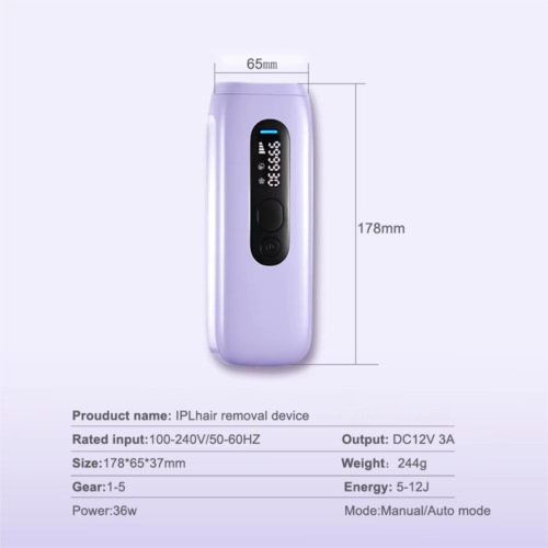VG-H04R IPL Hair Removal Device, 5 Levels (5-12J), Manual/Auto Mode, At-Home Hair Reduction for Face and Body