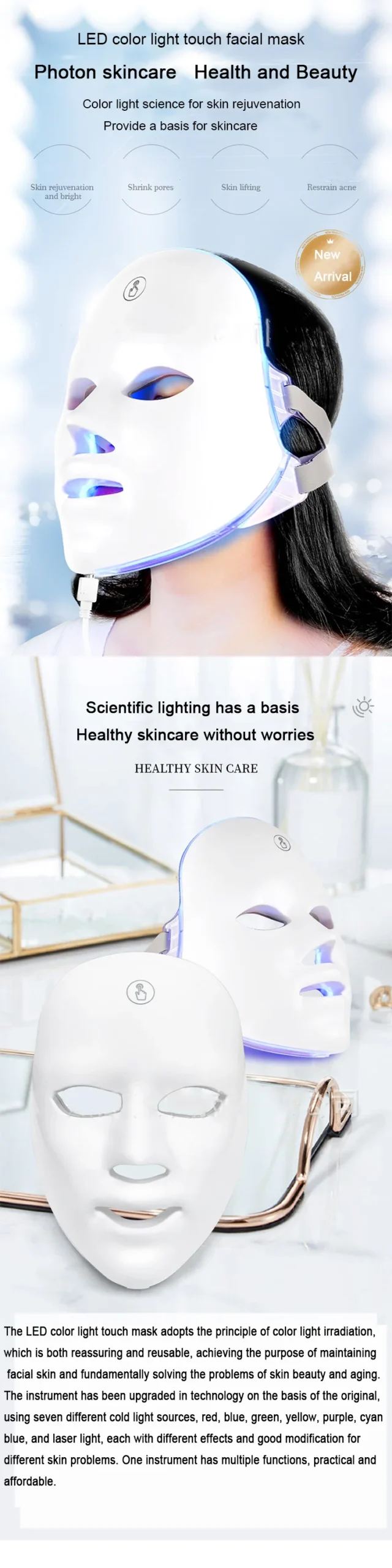 VG-O303B LED Light Therapy Face Mask, Rechargeable Full-Face Skin Care Mask for Brightening, Calming and Home Facial Routine