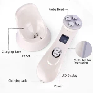 VG-RF510 RF EMS LED Facial Massager, 7-Color Light Beauty Device with 4-Pole Head and Charging Base for Firm-Looking Skin