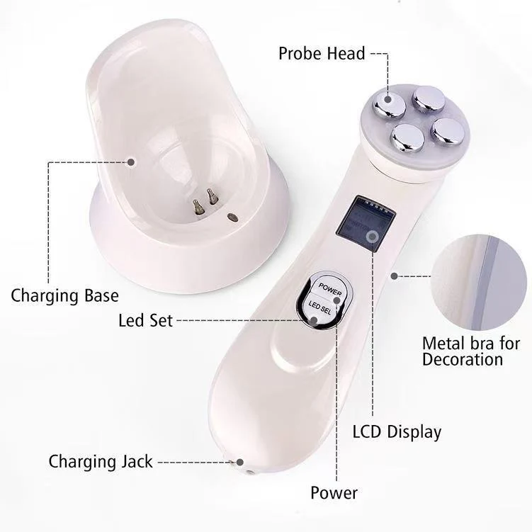 VG-RF510 RF EMS LED Facial Massager, 7-Color Light Beauty Device with 4-Pole Head and Charging Base for Firm-Looking Skin