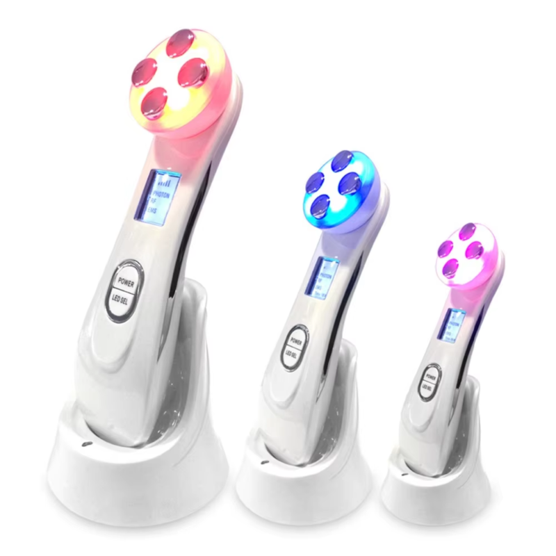 VG-RF510 RF EMS LED Facial Massager, 7-Color Light Beauty Device with 4-Pole Head and Charging Base for Firm-Looking Skin