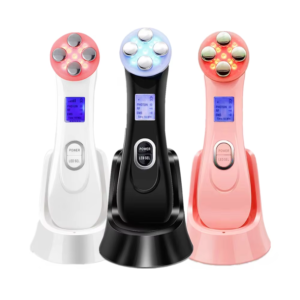 VG-RF510 RF EMS LED Facial Massager, 7-Color Light Beauty Device with 4-Pole Head and Charging Base for Firm-Looking Skin