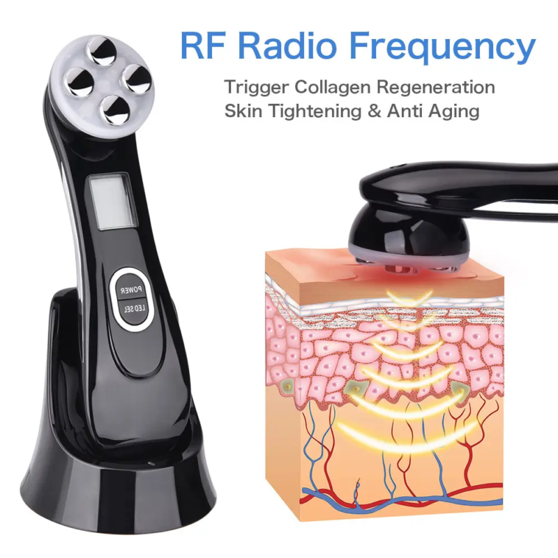 VG-RF510 RF EMS LED Facial Massager, 7-Color Light Beauty Device with 4-Pole Head and Charging Base for Firm-Looking Skin