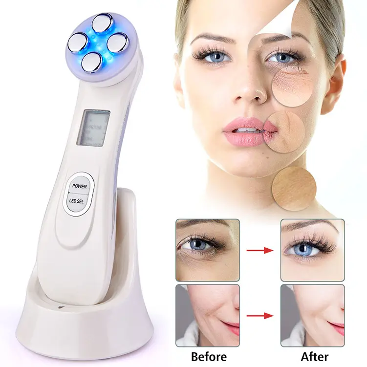 VG-RF510 RF EMS LED Facial Massager, 7-Color Light Beauty Device with 4-Pole Head and Charging Base for Firm-Looking Skin