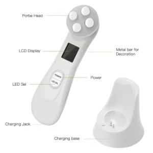 VG-RF510 RF EMS LED Facial Massager, 7-Color Light Beauty Device with 4-Pole Head and Charging Base for Firm-Looking Skin