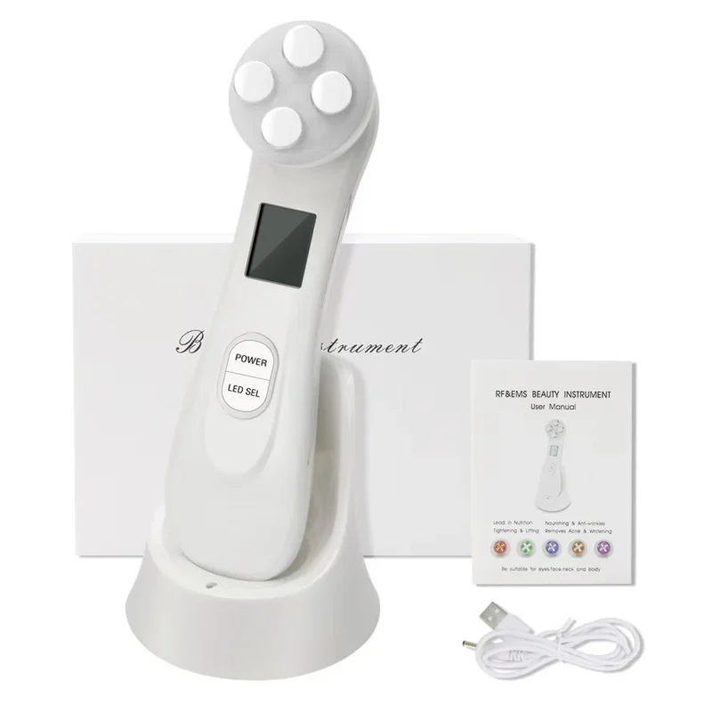 VG-RF510 RF EMS LED Facial Massager, 7-Color Light Beauty Device with 4-Pole Head and Charging Base for Firm-Looking Skin