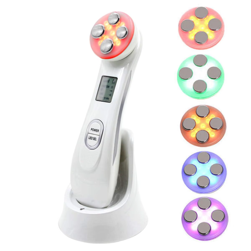 VG-RF510 RF EMS LED Facial Massager, 7-Color Light Beauty Device with 4-Pole Head and Charging Base for Firm-Looking Skin