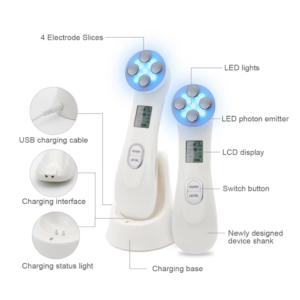 VG-RF510 RF EMS LED Facial Massager, 7-Color Light Beauty Device with 4-Pole Head and Charging Base for Firm-Looking Skin