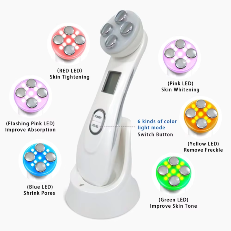 VG-RF510 RF EMS LED Facial Massager, 7-Color Light Beauty Device with 4-Pole Head and Charging Base for Firm-Looking Skin