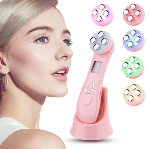 VG-RF510 RF EMS LED Facial Massager, 7-Color Light Beauty Device with 4-Pole Head and Charging Base for Firm-Looking Skin