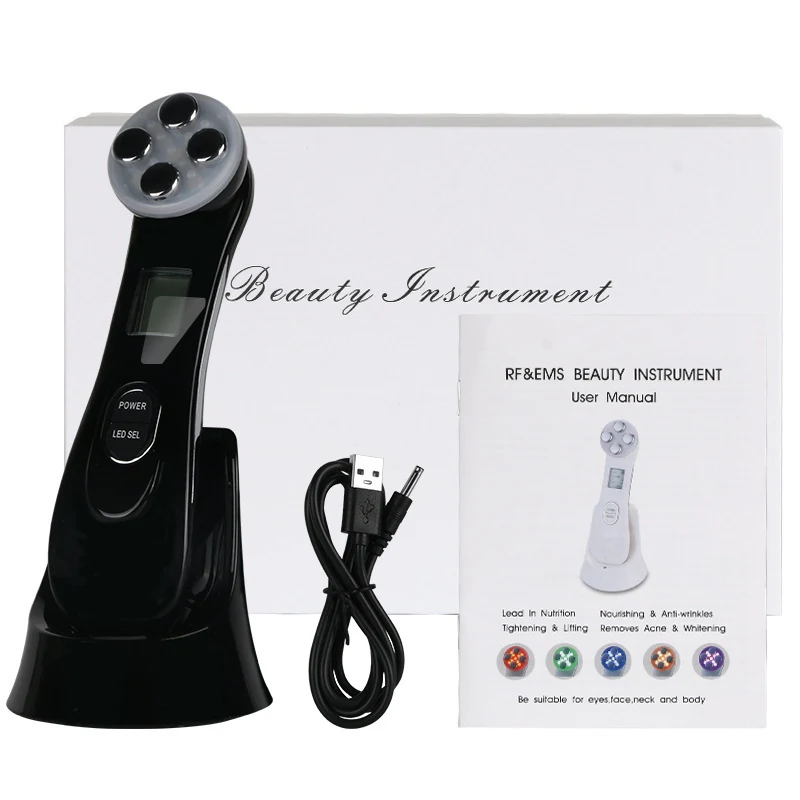 VG-RF510 RF EMS LED Facial Massager, 7-Color Light Beauty Device with 4-Pole Head and Charging Base for Firm-Looking Skin