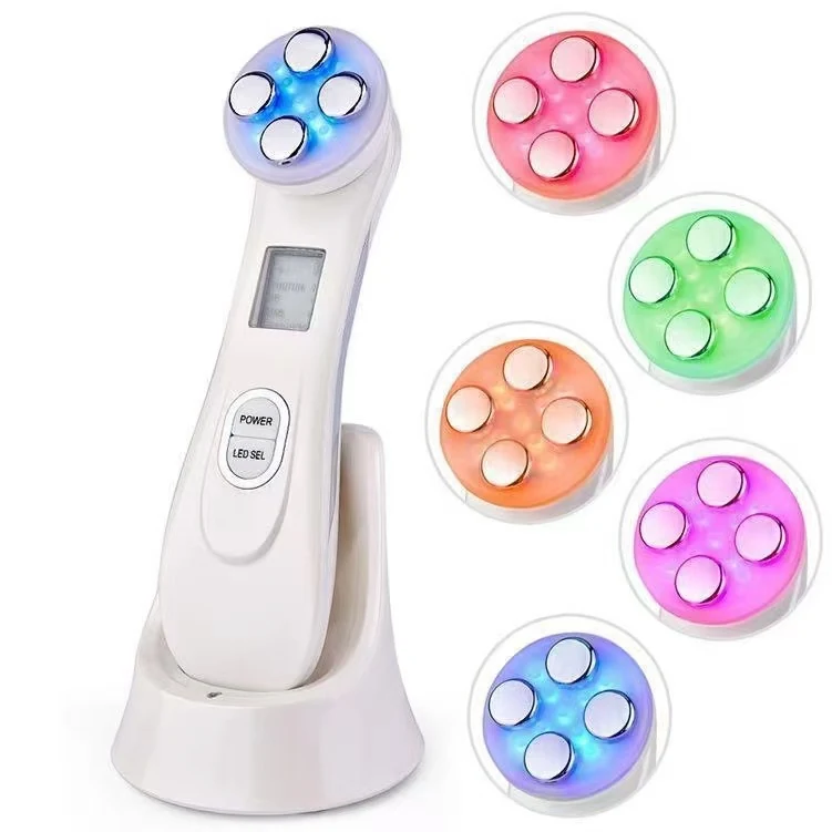 VG-RF510 RF EMS LED Facial Massager, 7-Color Light Beauty Device with 4-Pole Head and Charging Base for Firm-Looking Skin