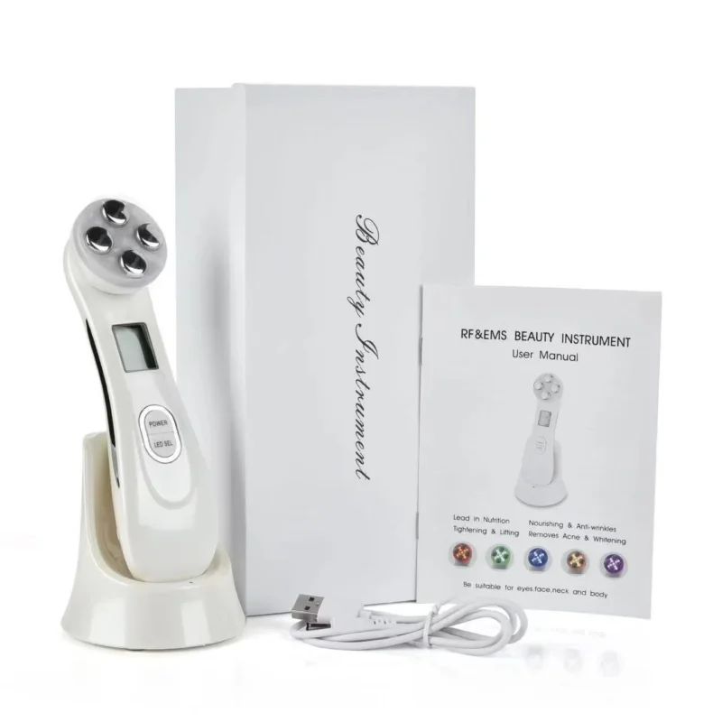 VG-RF510 RF EMS LED Facial Massager, 7-Color Light Beauty Device with 4-Pole Head and Charging Base for Firm-Looking Skin