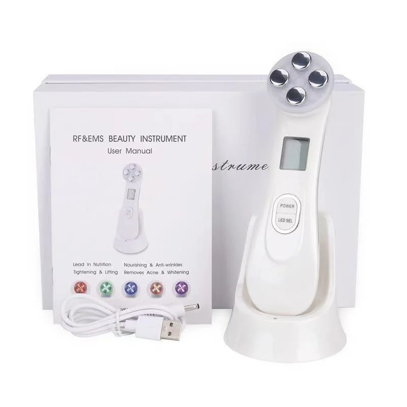 VG-RF510 RF EMS LED Facial Massager, 7-Color Light Beauty Device with 4-Pole Head and Charging Base for Firm-Looking Skin
